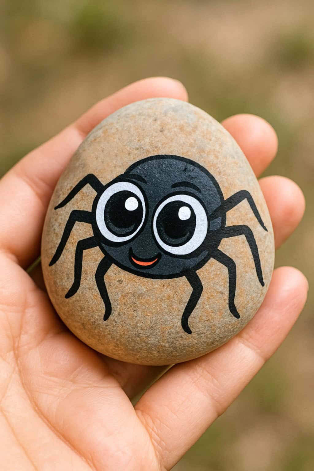 A hand holds a smooth stone painted with a cartoon black spider featuring large, expressive eyes and a smiling mouth. The background is blurred.