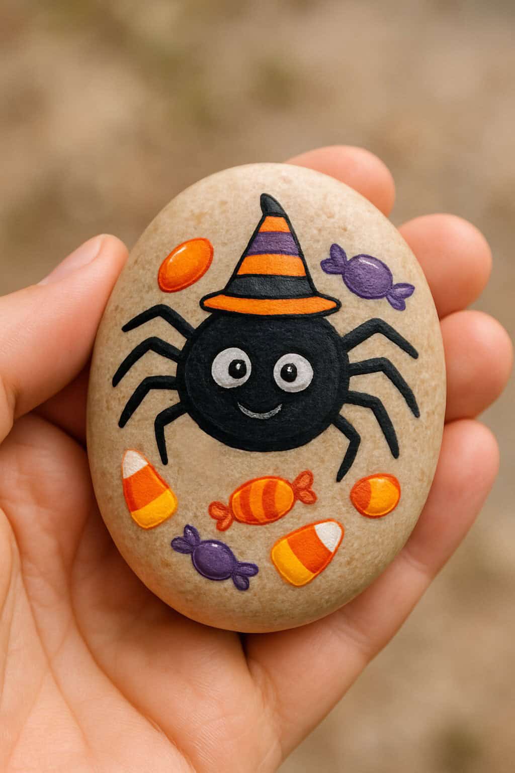 A hand holds a smooth stone painted with a smiling black spider wearing a striped witch hat, surrounded by colorful Halloween candies.
