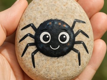A hand holds a smooth stone painted with a cute, cartoon-style black spider featuring big eyes and a happy smile. The background is blurred greenery.