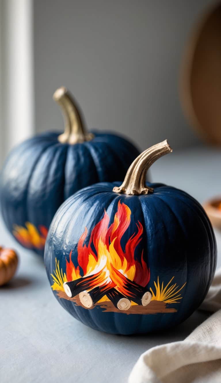 Two dark blue pumpkins with painted campfire designs featuring vibrant orange, yellow, and red flames on a light surface with soft natural lighting.
