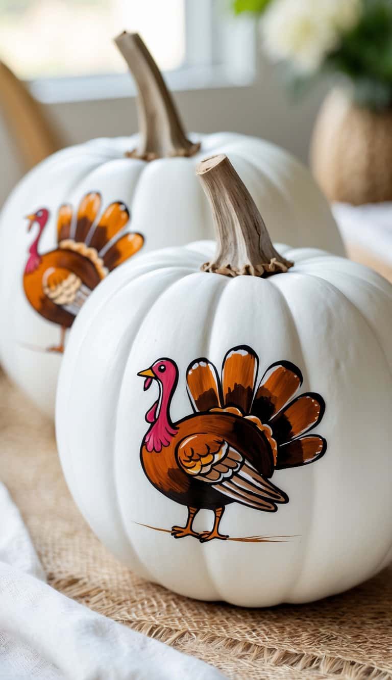 Two white pumpkins are decorated with painted cartoon turkeys featuring brown feathers and orange accents, sitting on a woven mat with a softly blurred background.