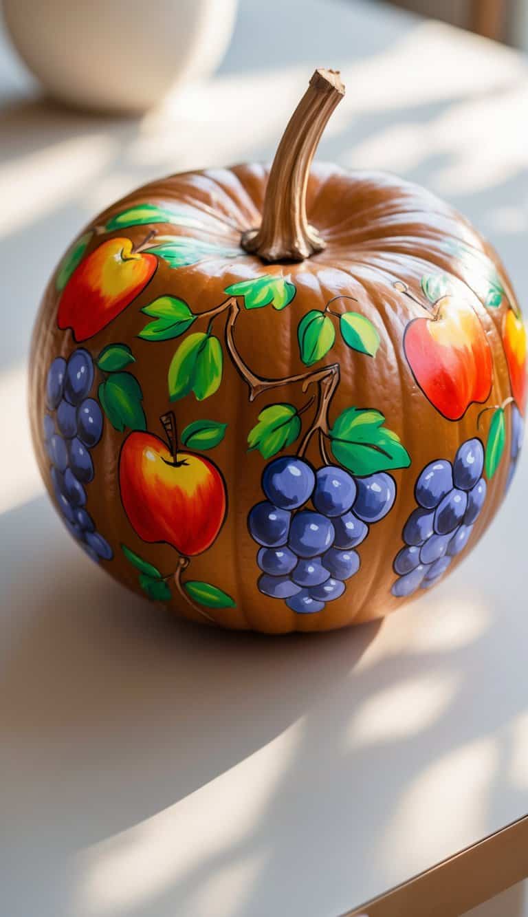 A pumpkin decorated with colorful painted images of red apples and purple grape clusters, sitting on a light-colored surface in bright natural light.