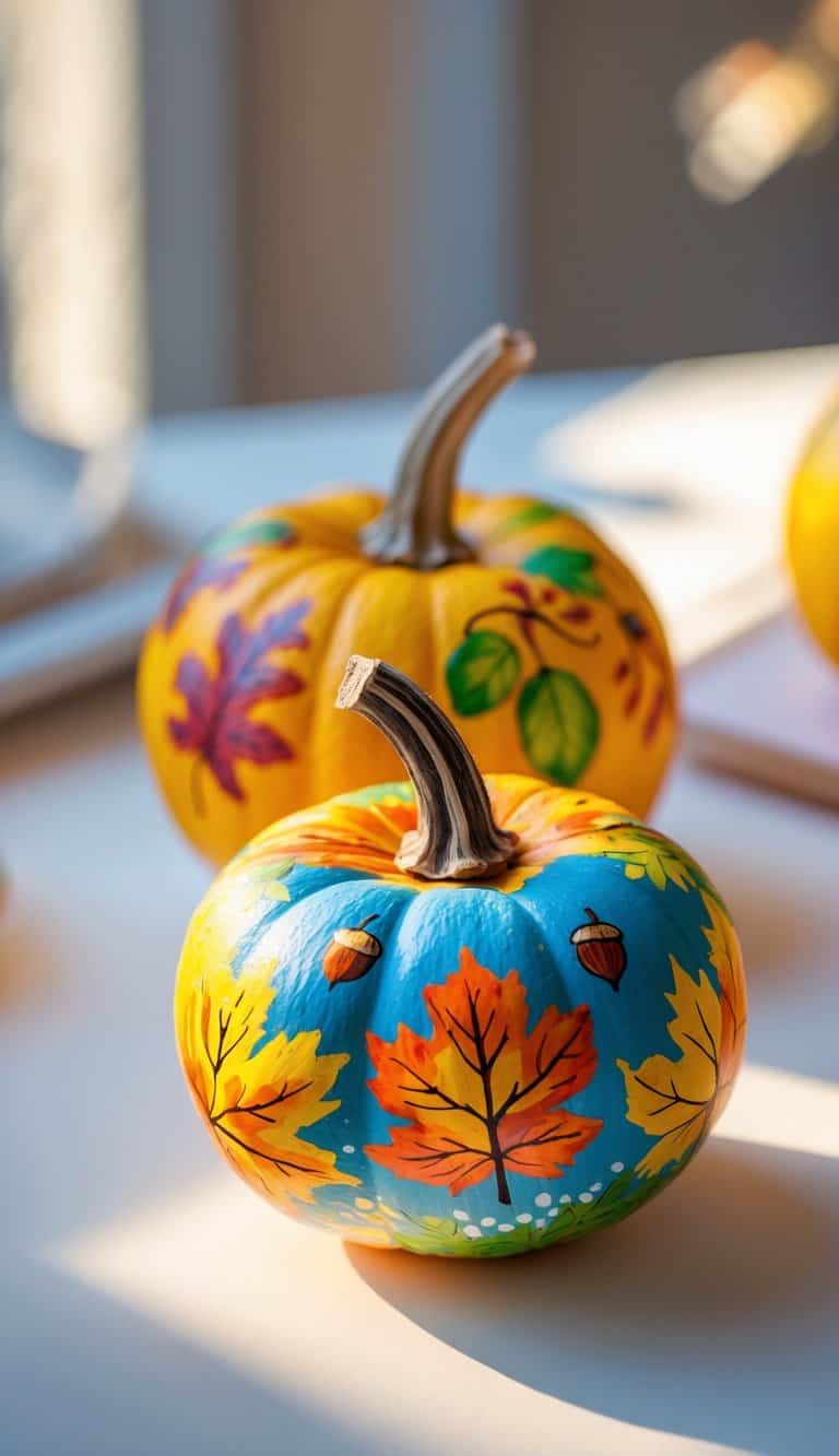 Two small pumpkins are painted with colorful autumn leaves and acorns, one featuring a bright blue background and the other a yellow one, both sitting on a light surface in natural sunlight.