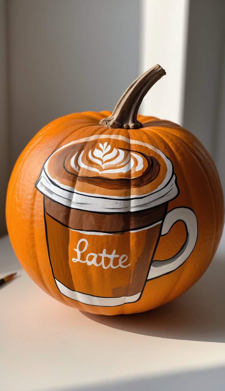 A pumpkin with a painted design of a latte cup, featuring a latte art heart on top and the word "Latte" written on the cup, sits on a white surface in bright light.