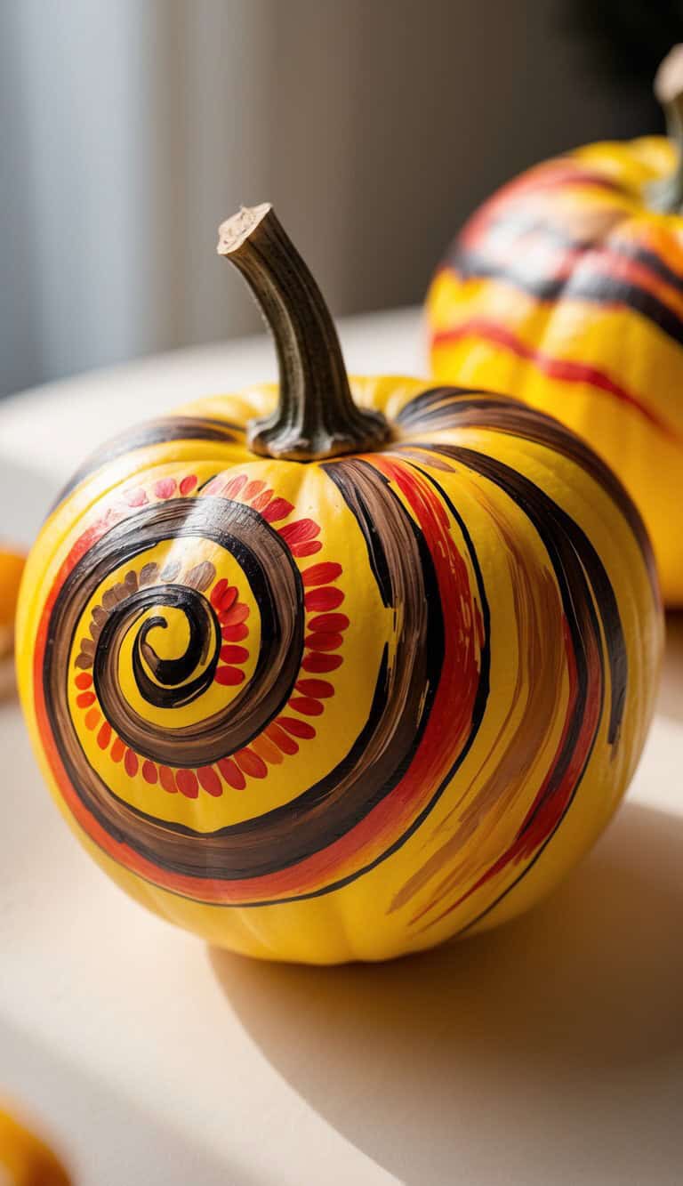 A yellow pumpkin with brown, red, and orange spiral and swirl patterns painted on its surface, sitting on a light-colored table.
