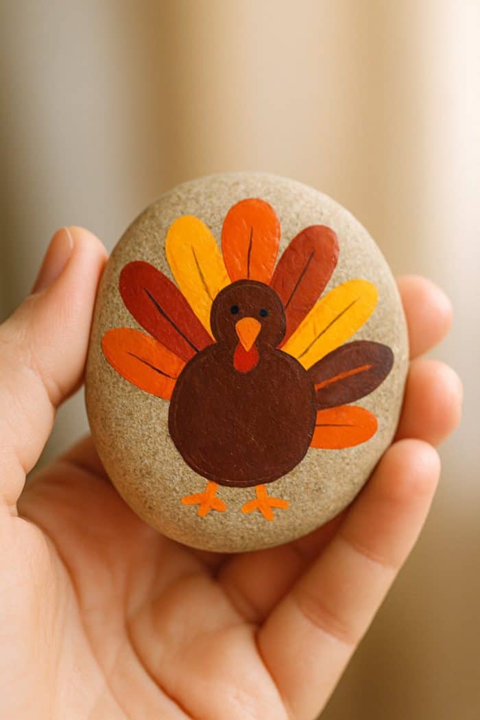 A hand holds a smooth stone painted with a cartoon turkey, featuring colorful orange, yellow, and red tail feathers.