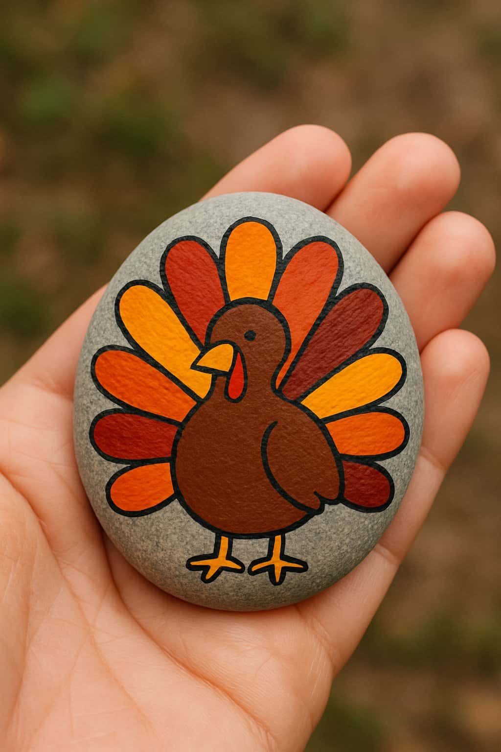 A hand holding a smooth river rock painted with a colorful turkey design.