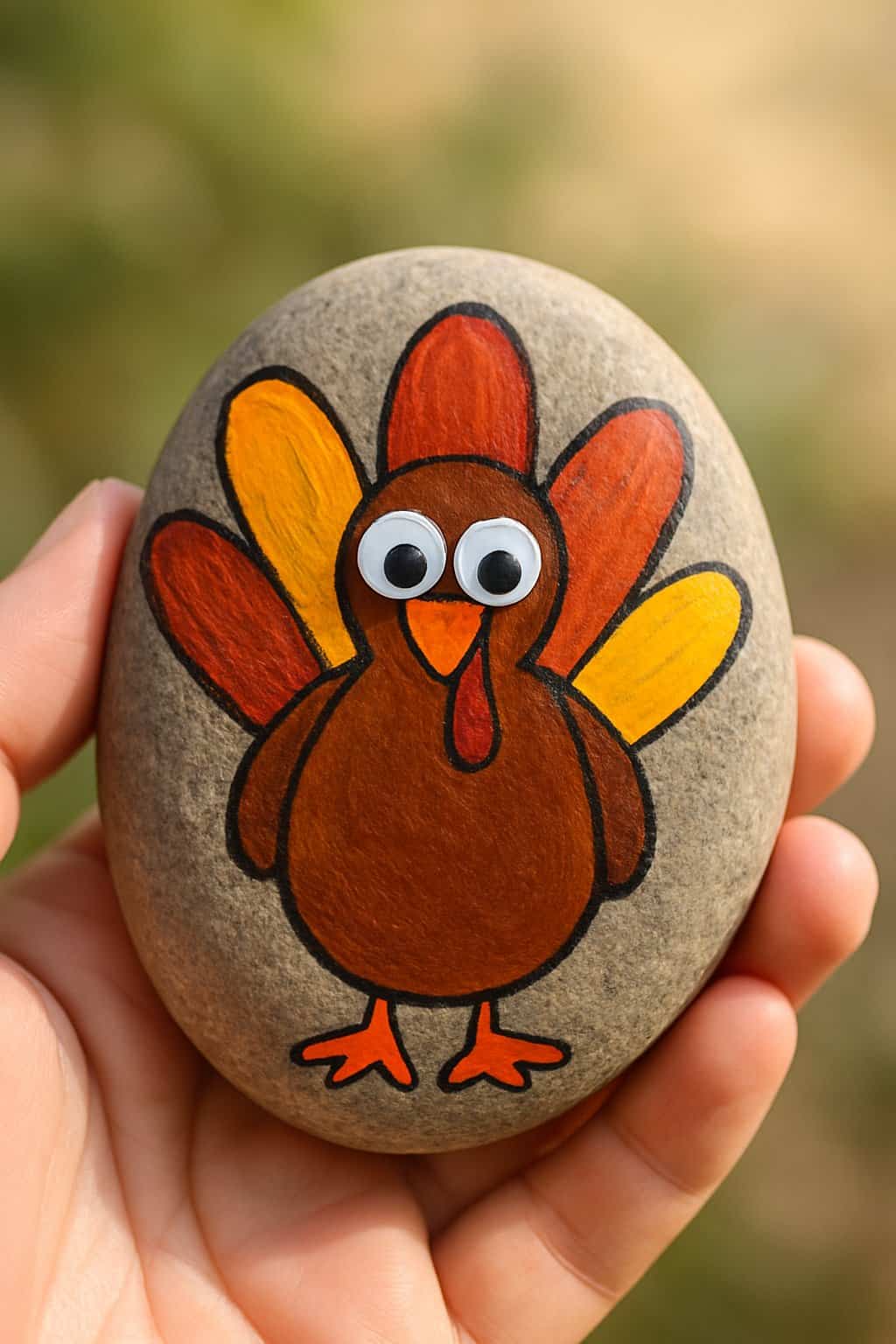 A hand holding a smooth river rock painted with a colorful turkey design and googly eyes.