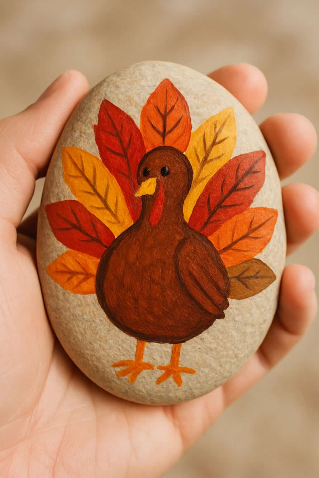 A hand holding a smooth river rock painted with a turkey design featuring leaf-shaped feathers.
