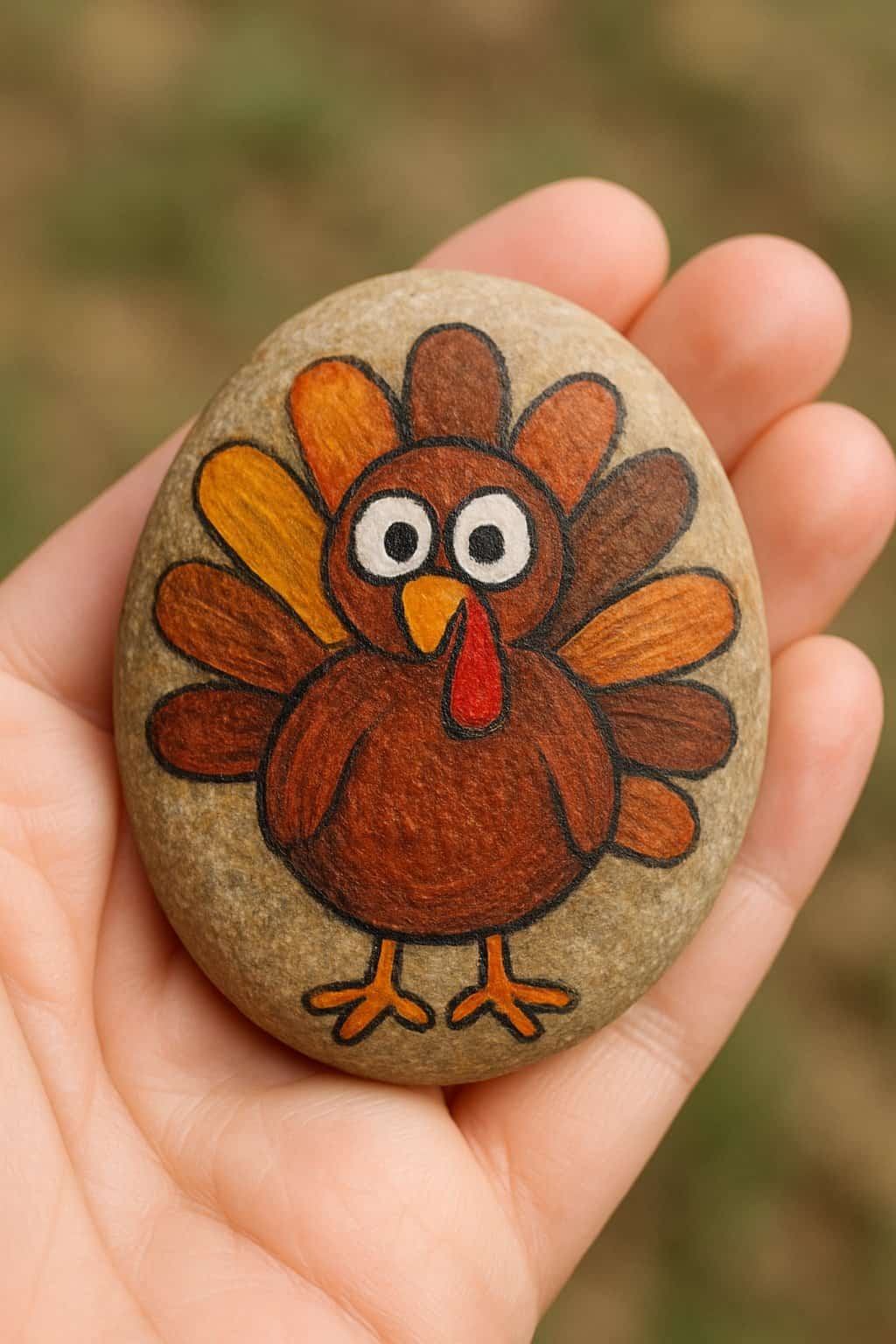A hand holding a smooth river rock painted with a turkey face and feet.