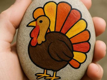 A hand holds a smooth stone painted with a colorful cartoon turkey, featuring red, orange, and yellow tail feathers.