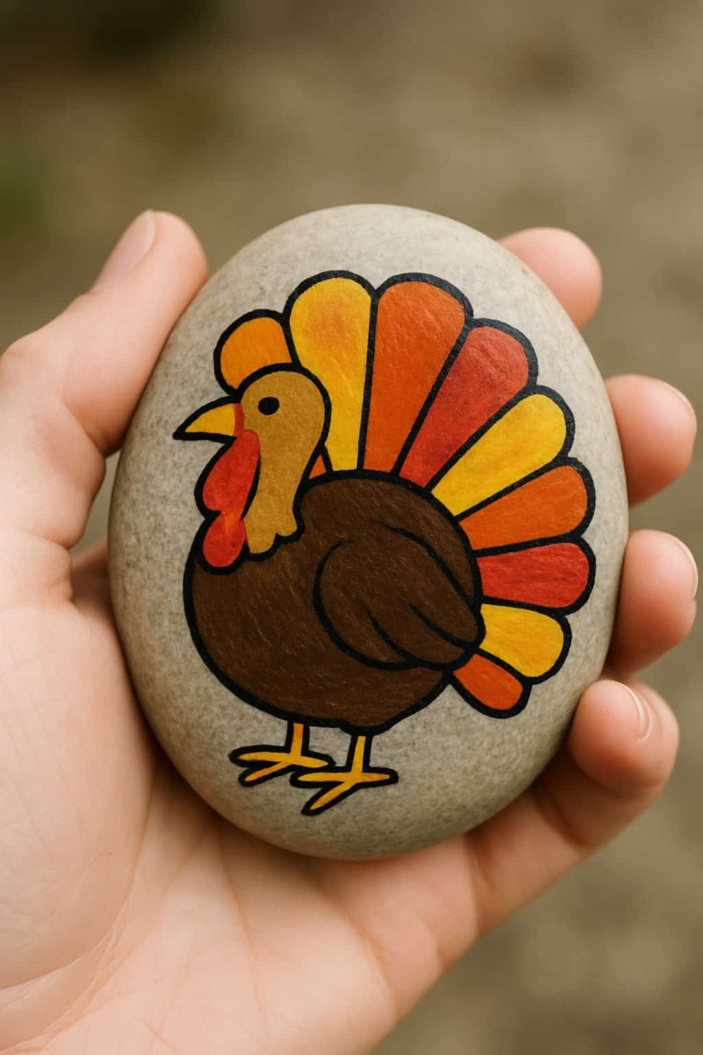 A hand holding a smooth river rock painted with a turkey featuring a bright red wattle.