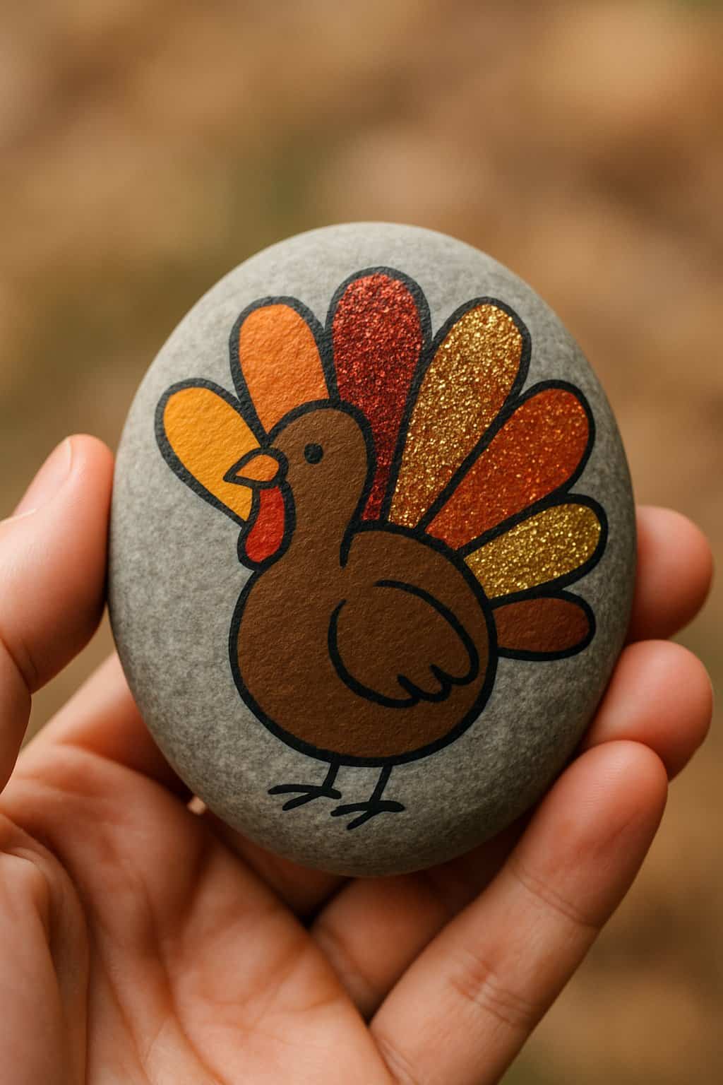A hand holding a smooth river rock painted with a colorful turkey design featuring glitter tail feathers.