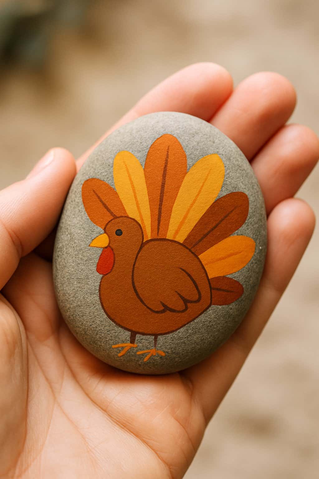 A hand holding a smooth river rock painted with a colorful turkey design.