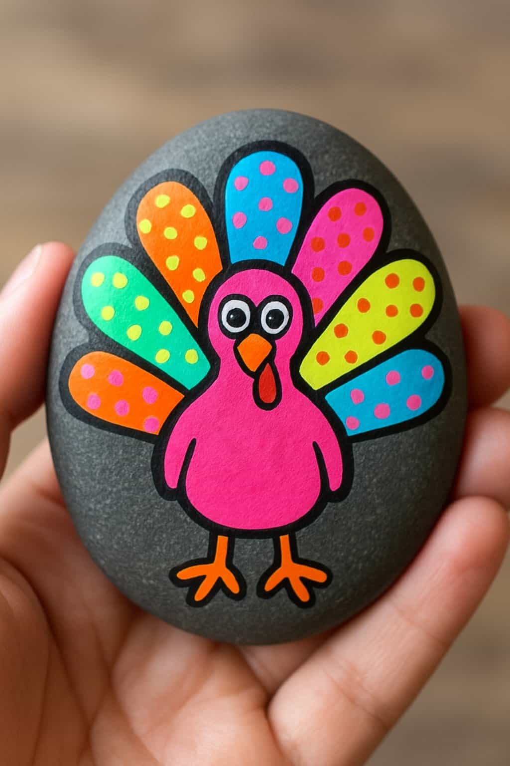 A hand holding a smooth river rock painted with a colorful turkey design.