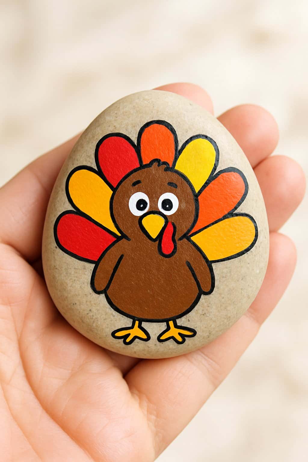 A hand holding a smooth river rock painted to look like a cartoon turkey.