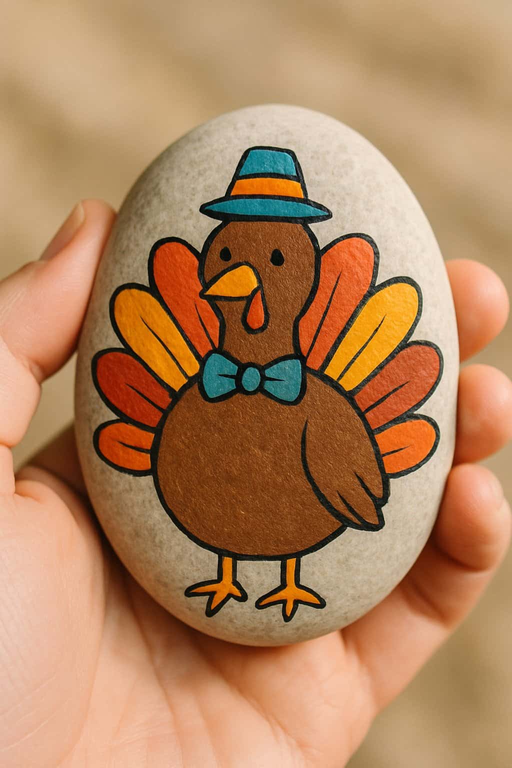 A hand holding a smooth river rock painted with a turkey wearing a hat and bowtie.