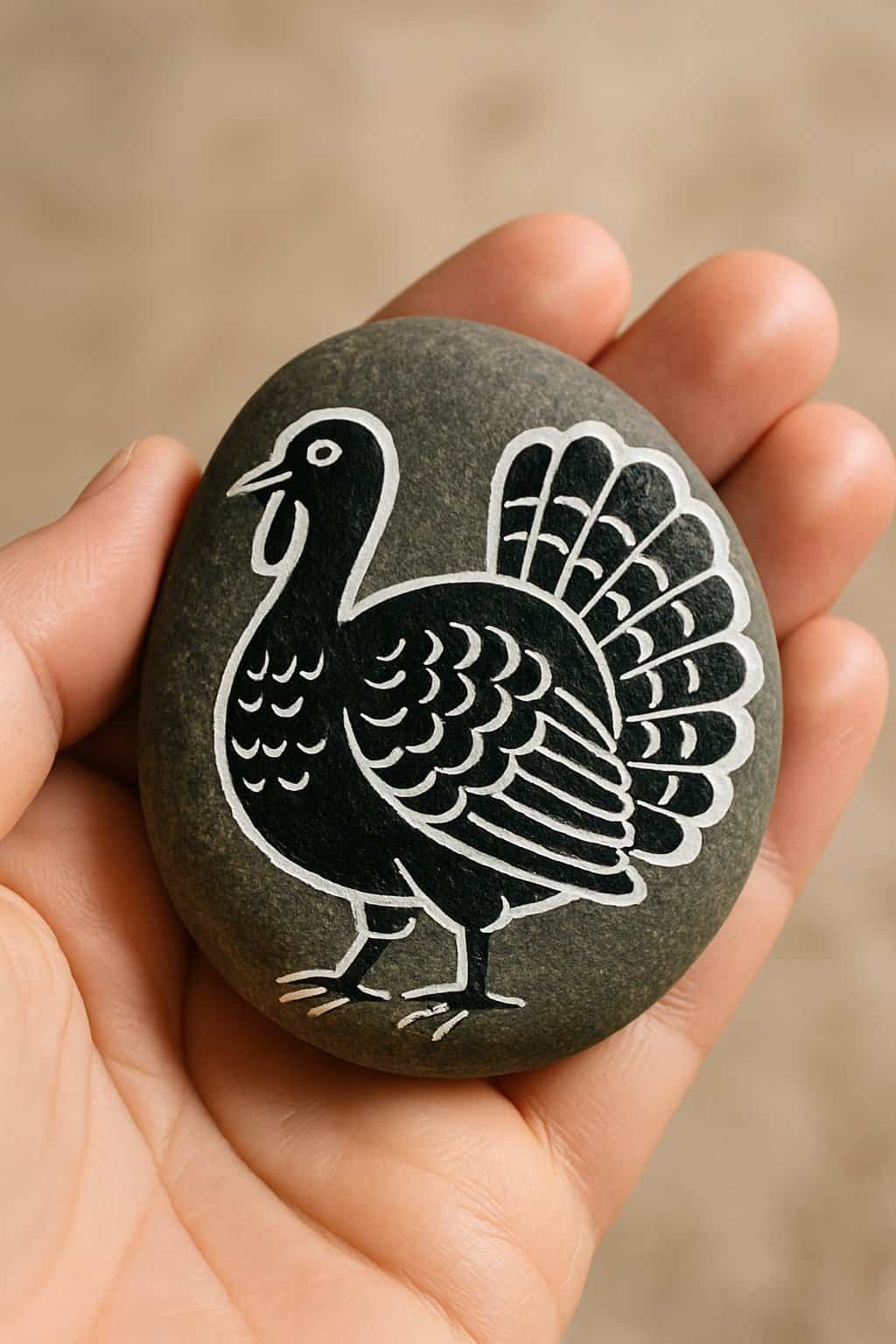 A hand holding a smooth river rock painted with a black and white turkey design.