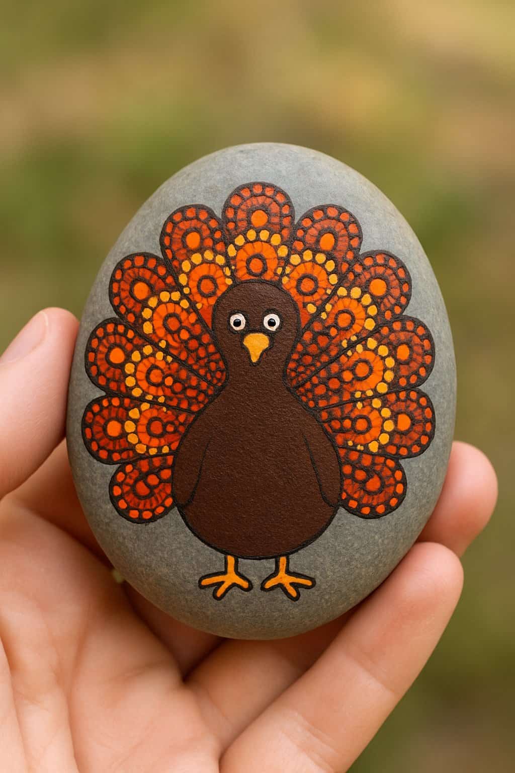 A hand holding a smooth painted rock with a colorful turkey design on it.