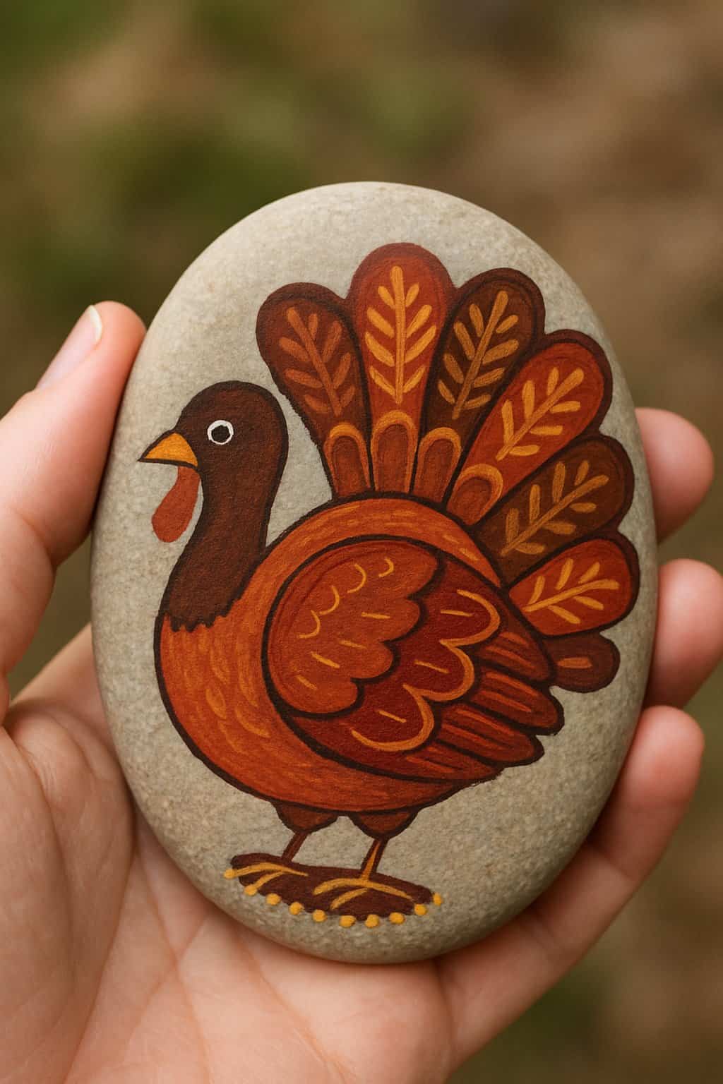 A hand holding a smooth flat river rock painted with a colorful turkey design.