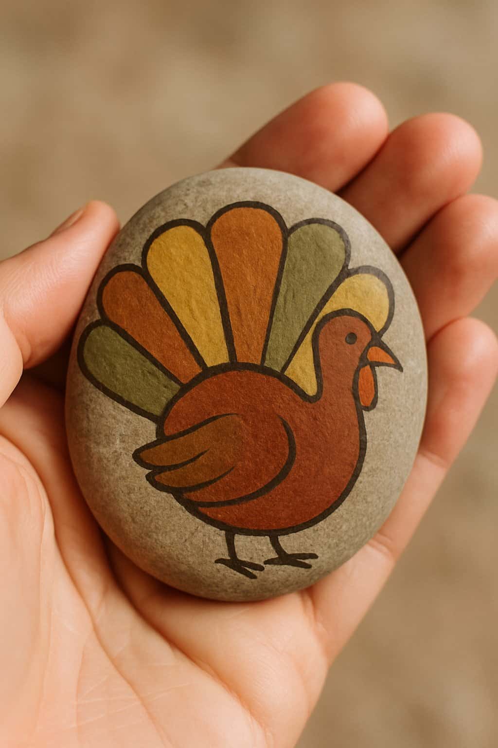 A hand holding a smooth river rock painted with a turkey design.