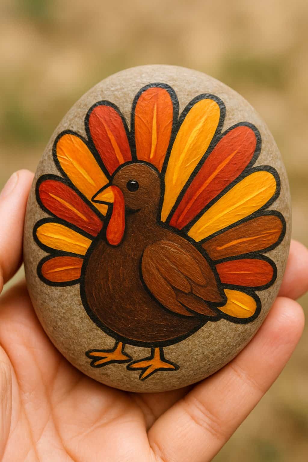 A hand holding a smooth river rock painted with a colorful turkey design.