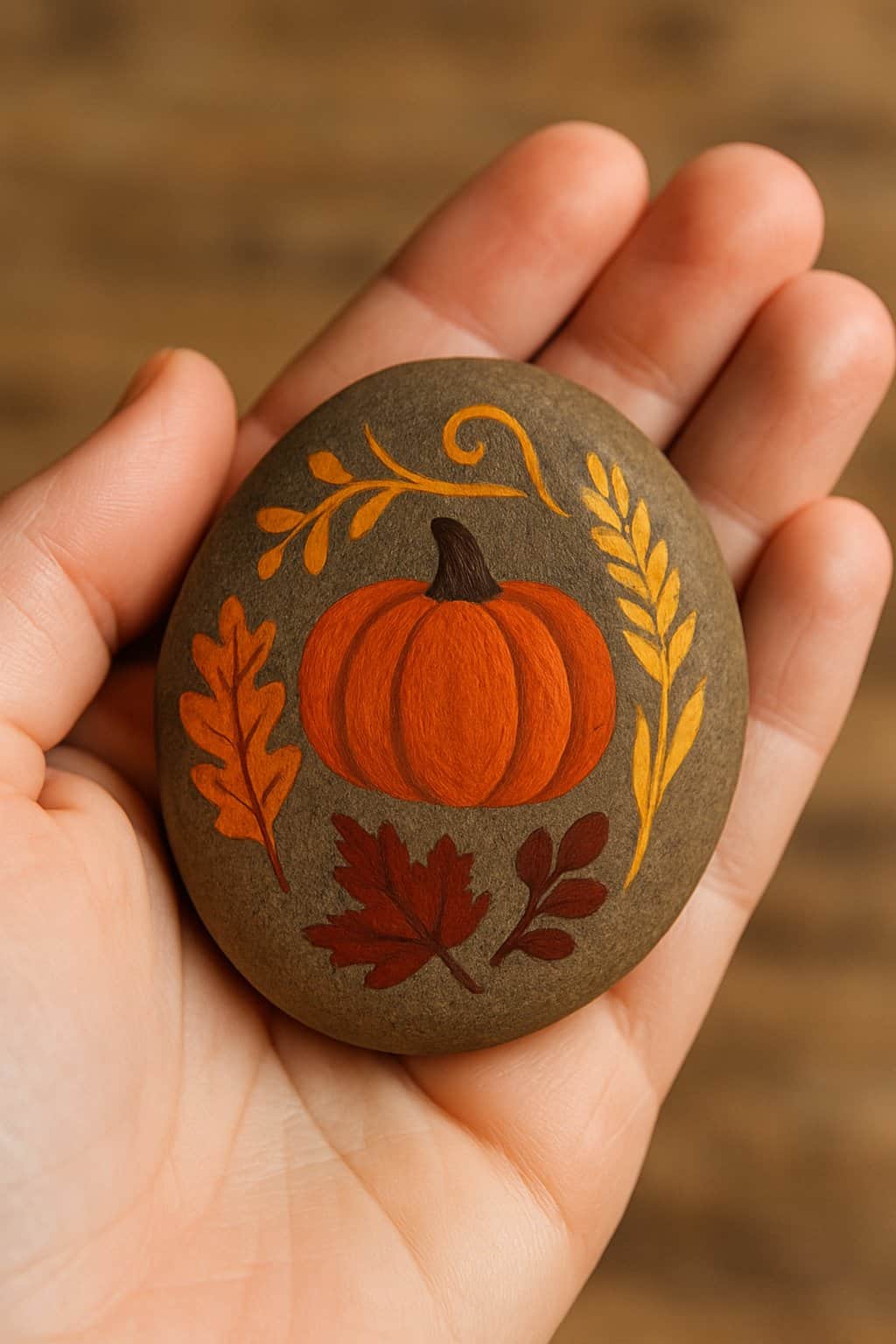 A hand holding a smooth river rock painted with warm autumn colors and a simple design.