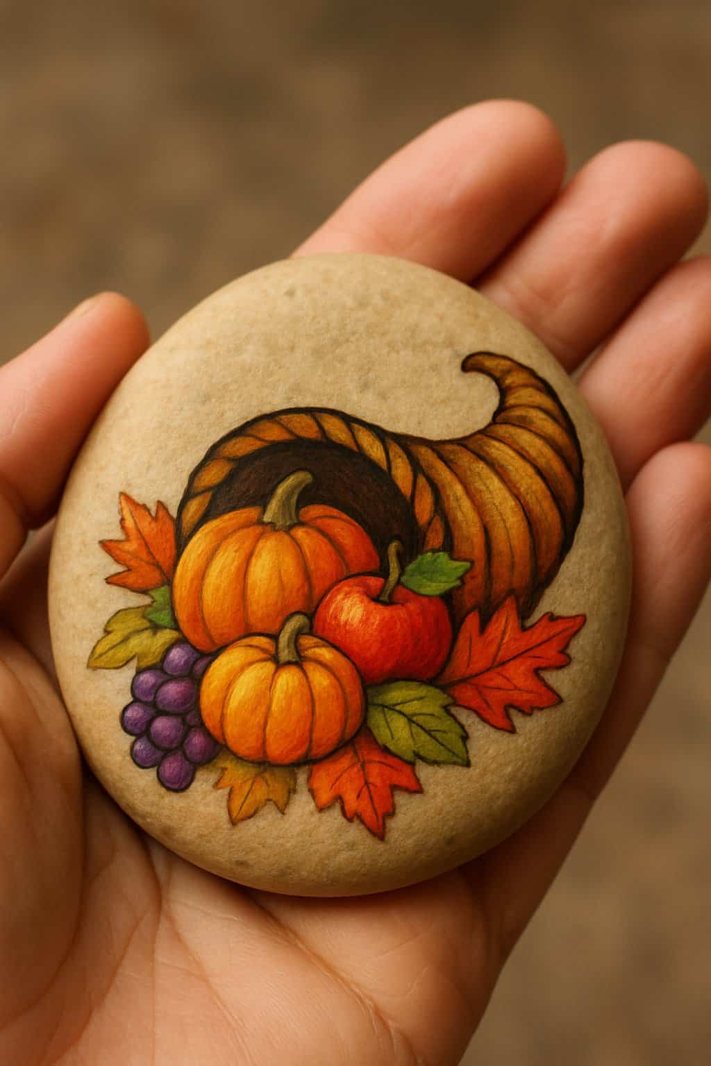 A hand holding a smooth river rock painted with a colorful cornucopia and fall fruits.