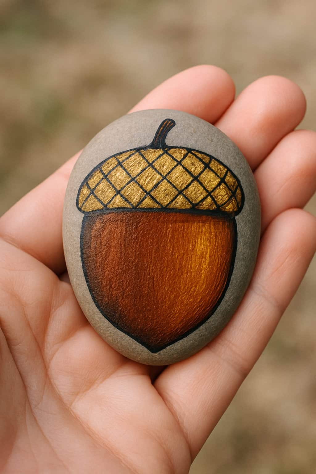 A hand holding a smooth river rock painted to look like an acorn in brown and gold colors.