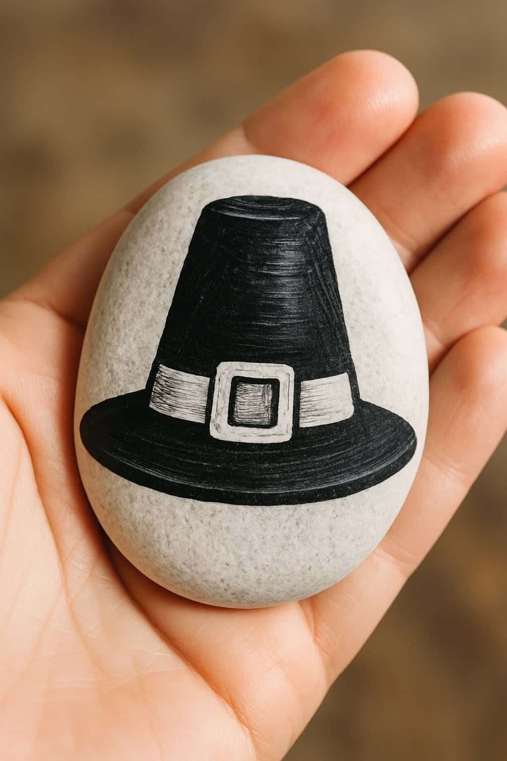 A hand holding a smooth river rock painted with a black and white pilgrim hat design.