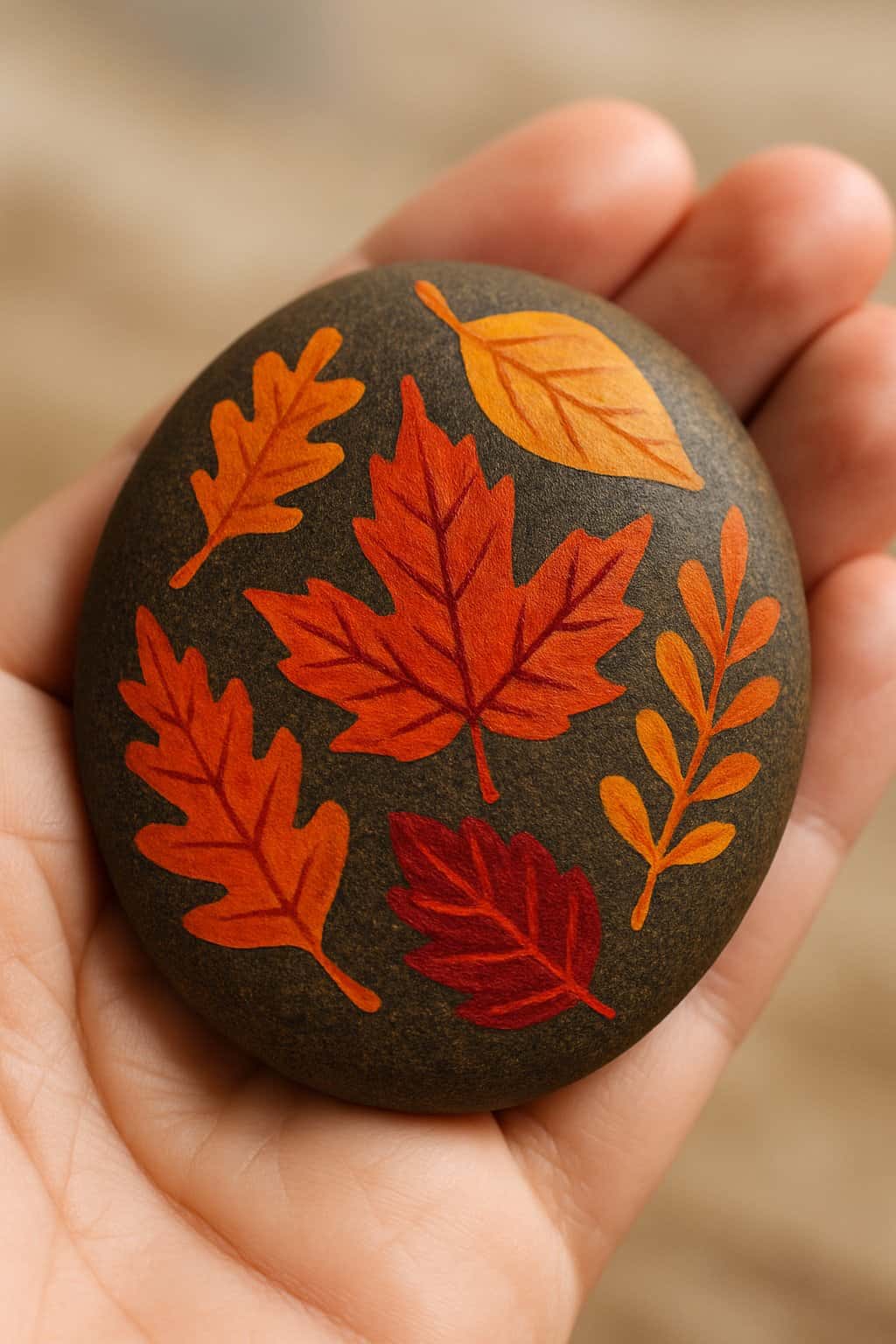 A hand holding a smooth river rock painted with colorful autumn leaf shapes.