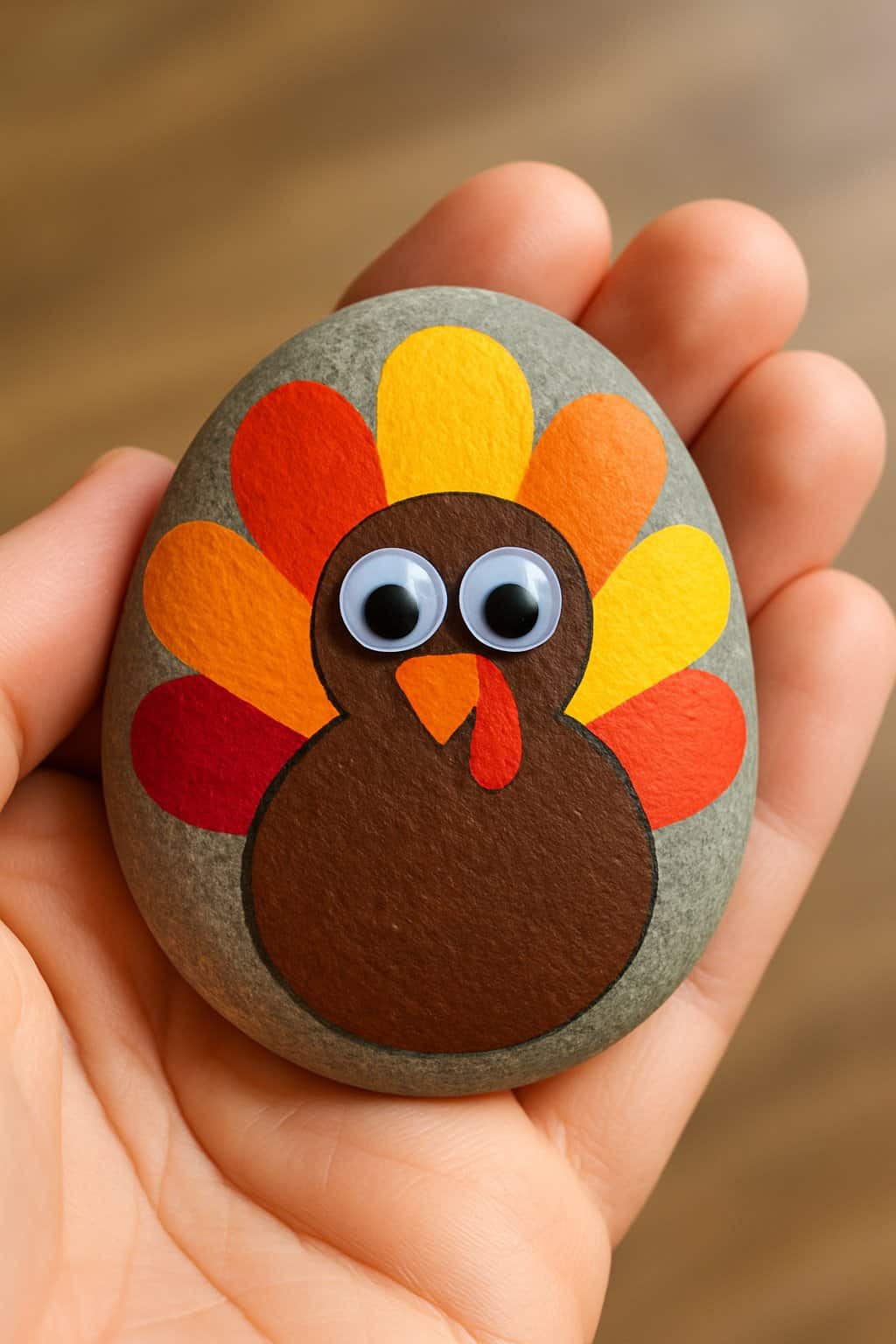 A hand holding a smooth river rock painted with a funny turkey design and googly eyes.