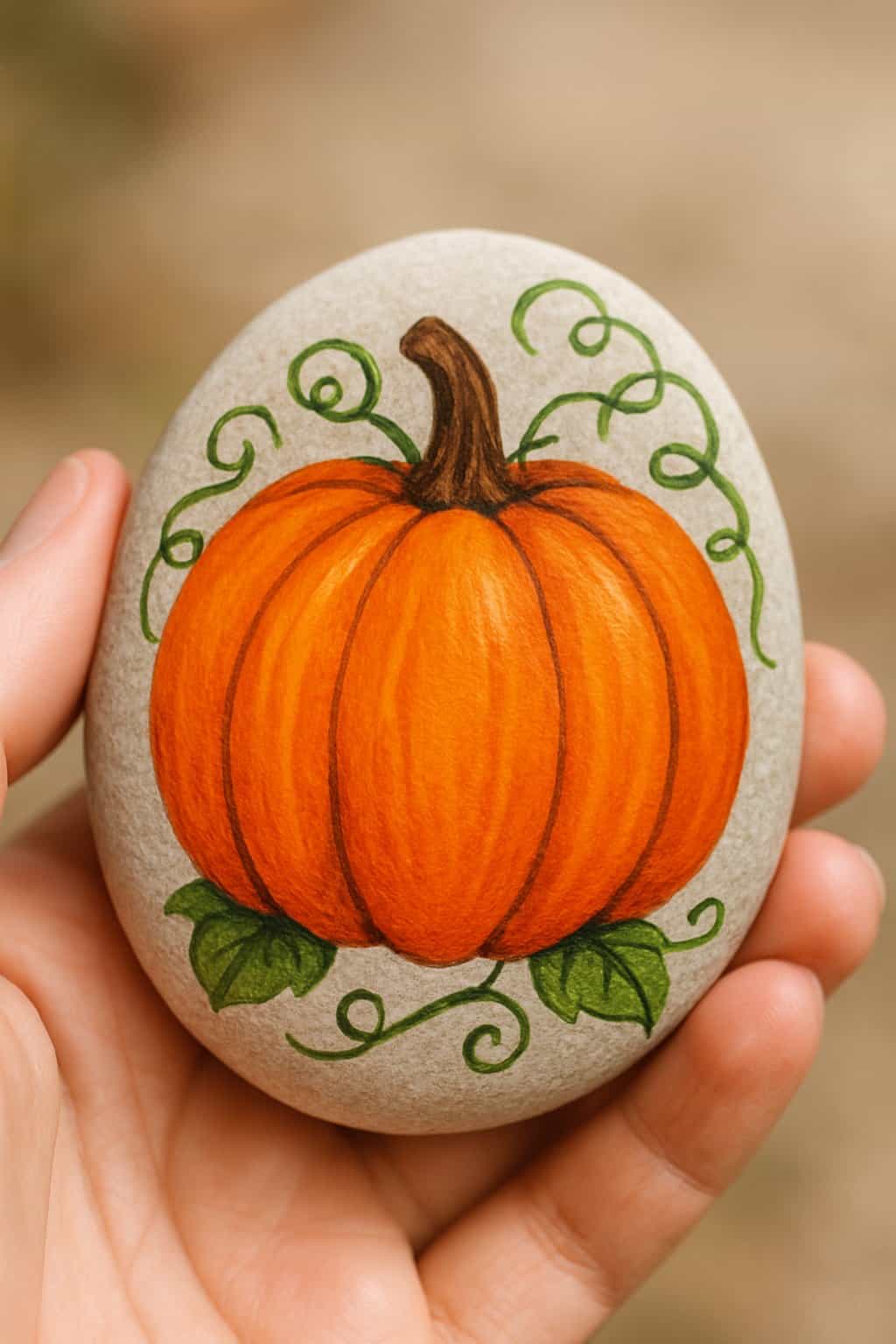 A hand holding a smooth river rock painted with a pumpkin and vines.