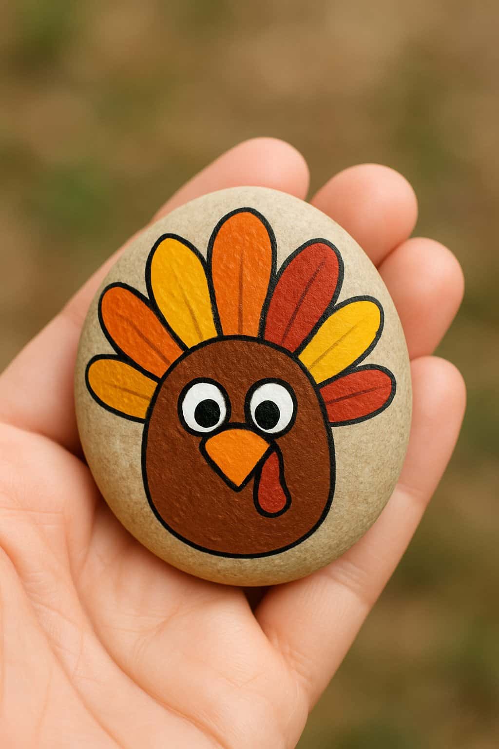 A hand holding a smooth river rock painted with a cute turkey face and colorful feathers.
