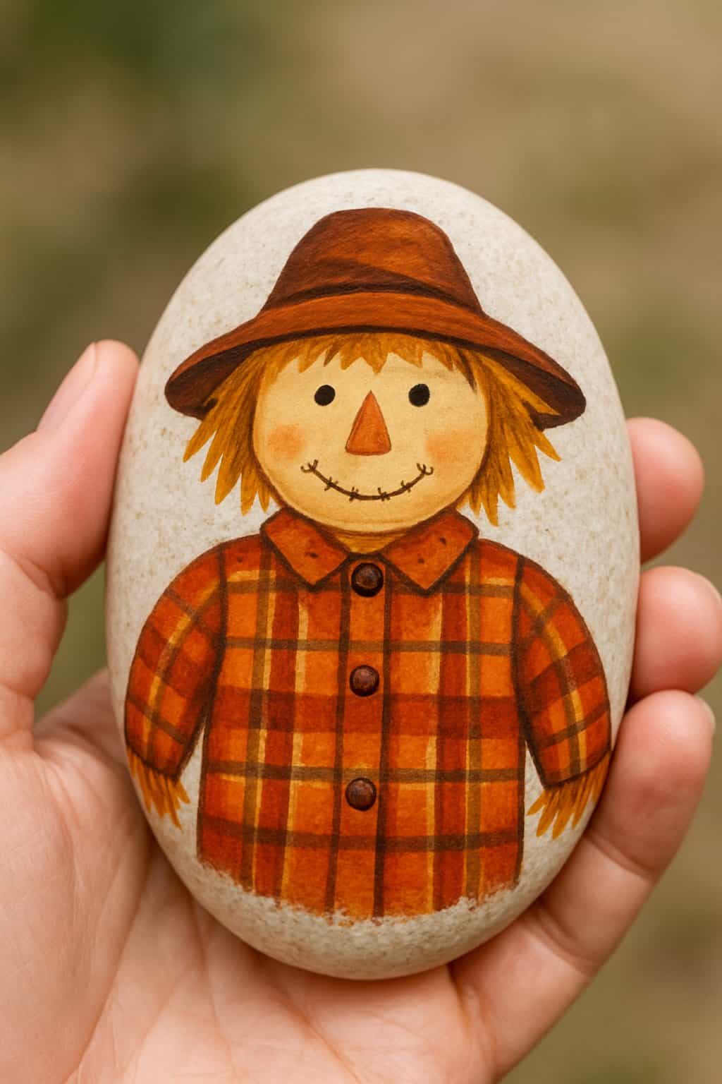 A hand holding a smooth river rock painted with a scarecrow wearing a plaid shirt.