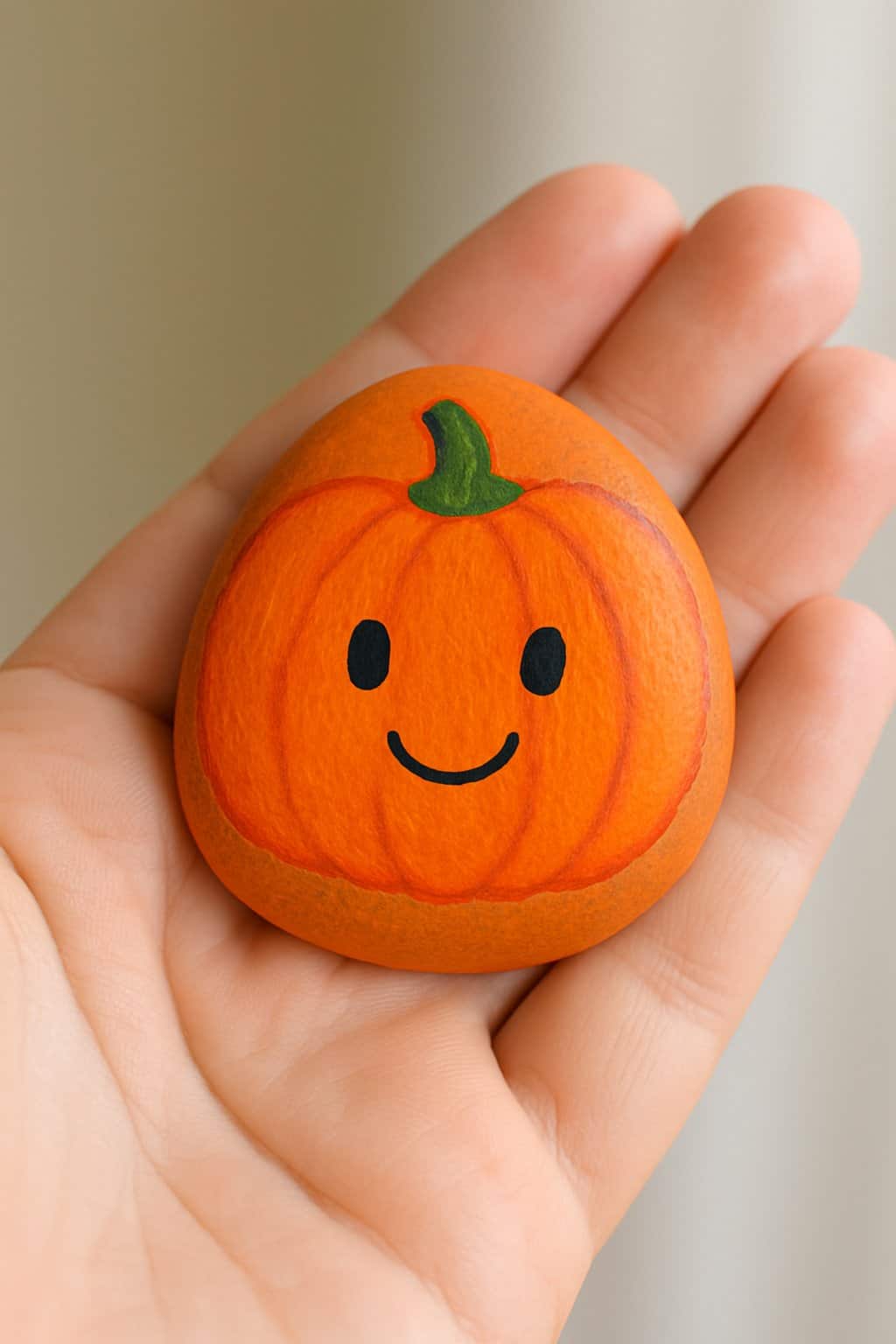 A hand holding a smooth river rock painted as a small orange pumpkin with a smiley face.