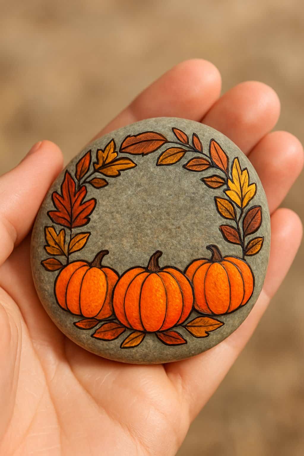 A hand holding a smooth river rock painted with pumpkins and autumn leaves.