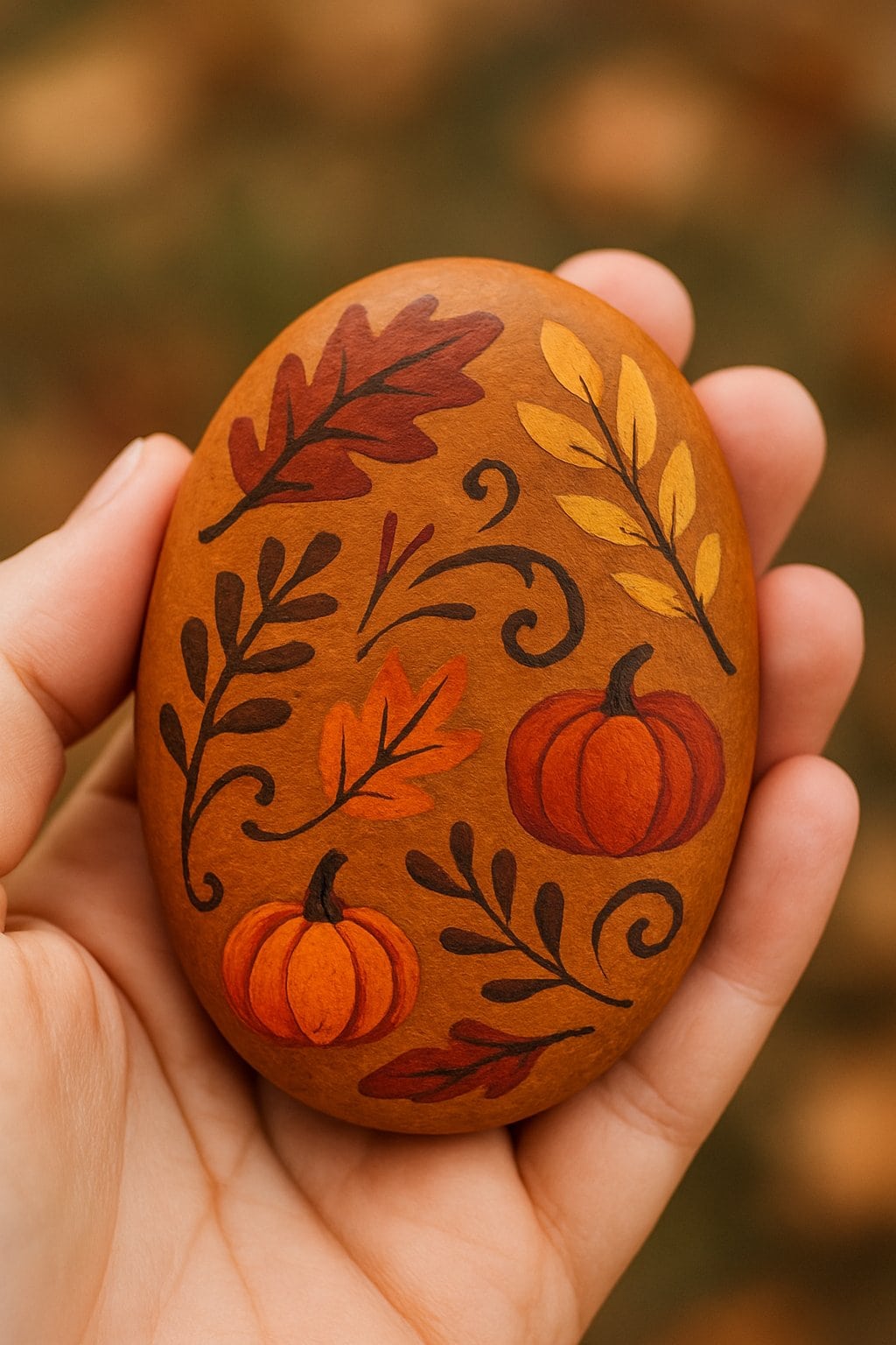 A hand holding a painted smooth river rock with autumn-themed designs.