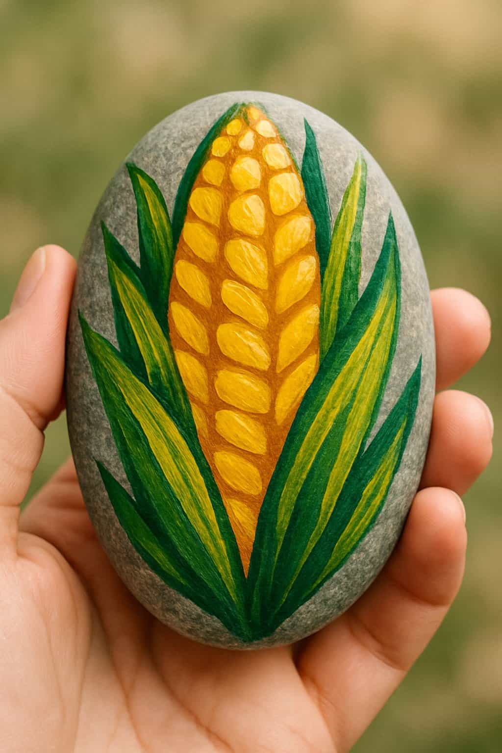 A hand holding a smooth river rock painted with yellow and green corn stalk patterns.