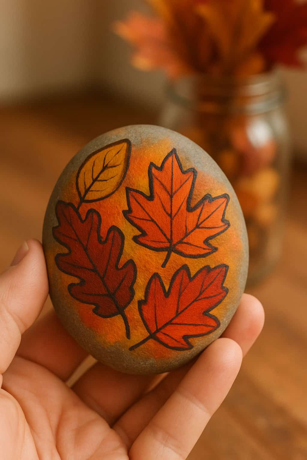 A hand holding a smooth river rock painted with fall leaves, with a mason jar filled with autumn leaves in the background.