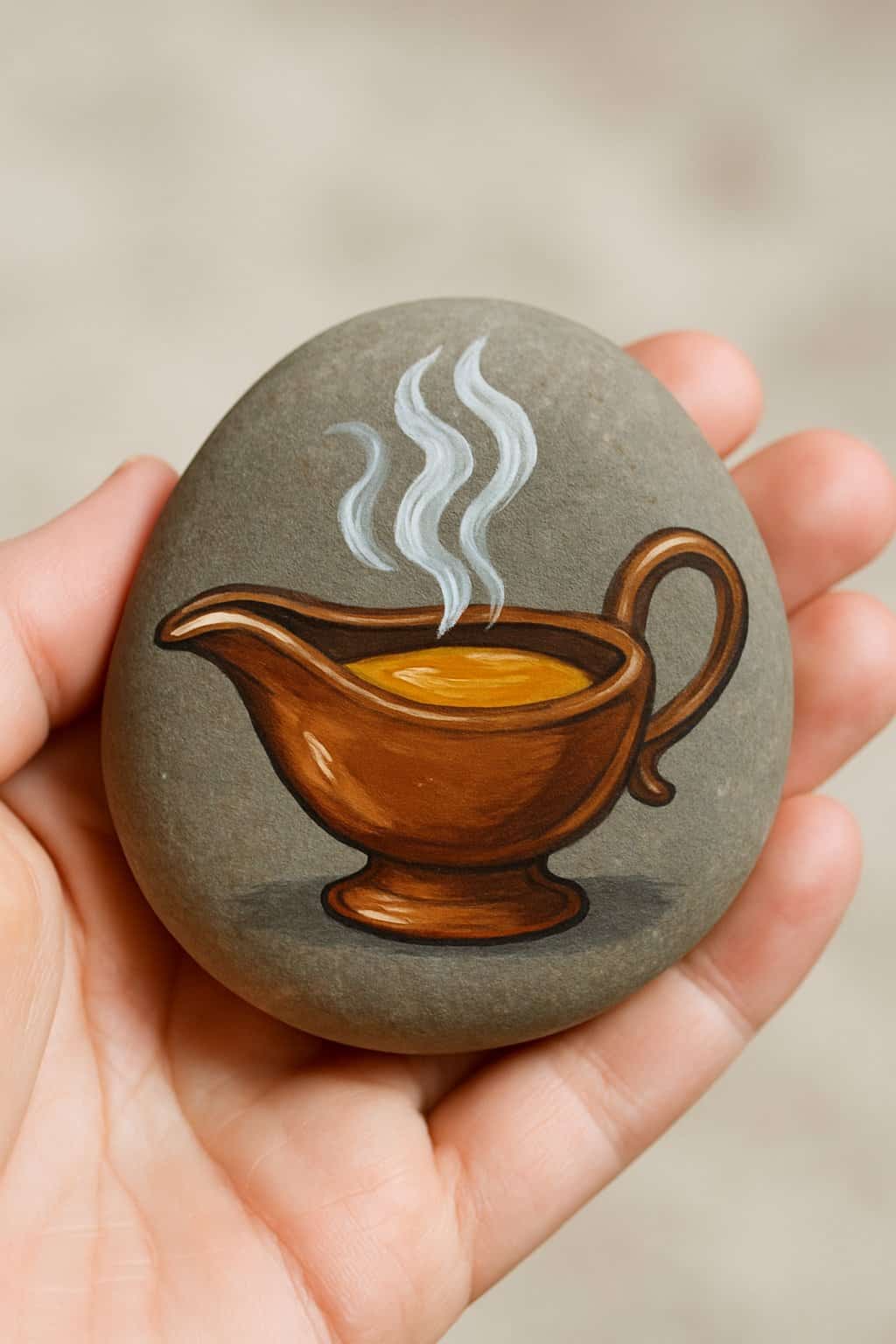 A hand holding a smooth river rock painted with a gravy boat and steam design.
