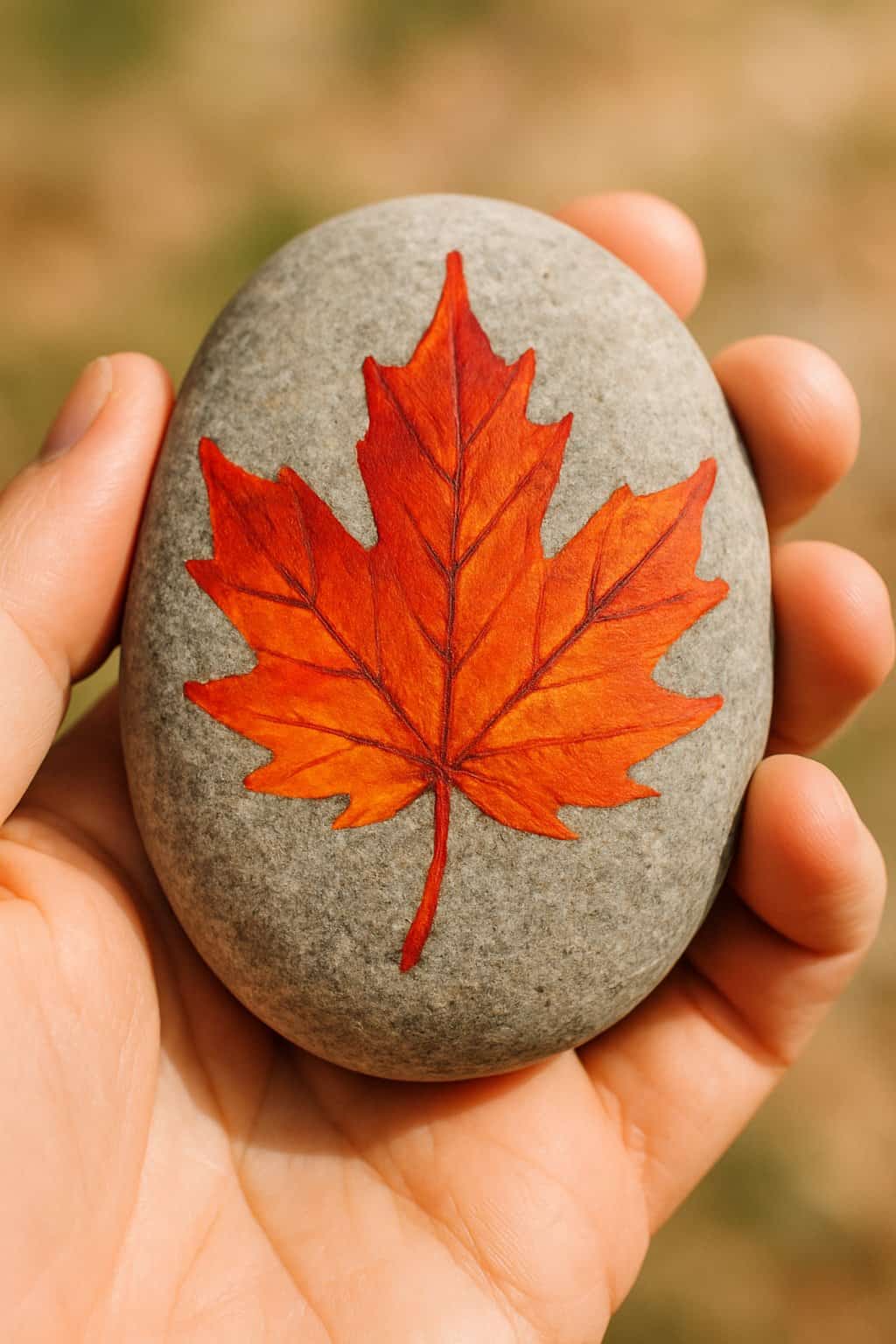 A hand holding a smooth river rock painted with a red and orange maple leaf design.