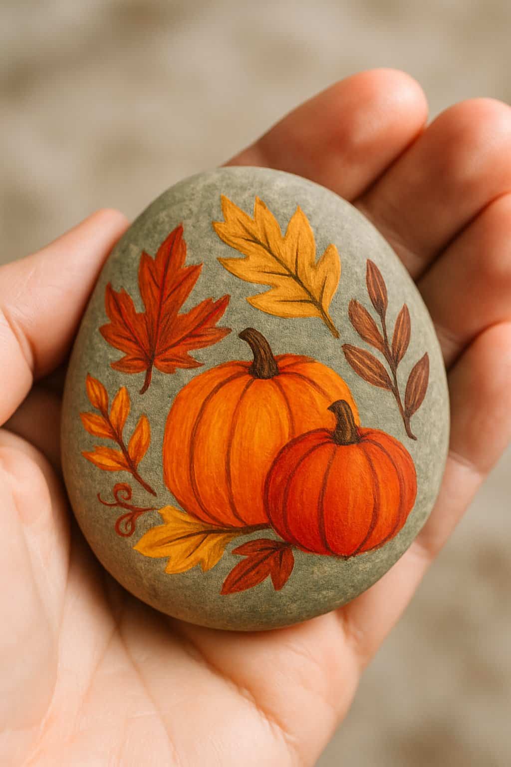 A hand holding a smooth river rock painted with a Thanksgiving-themed design.