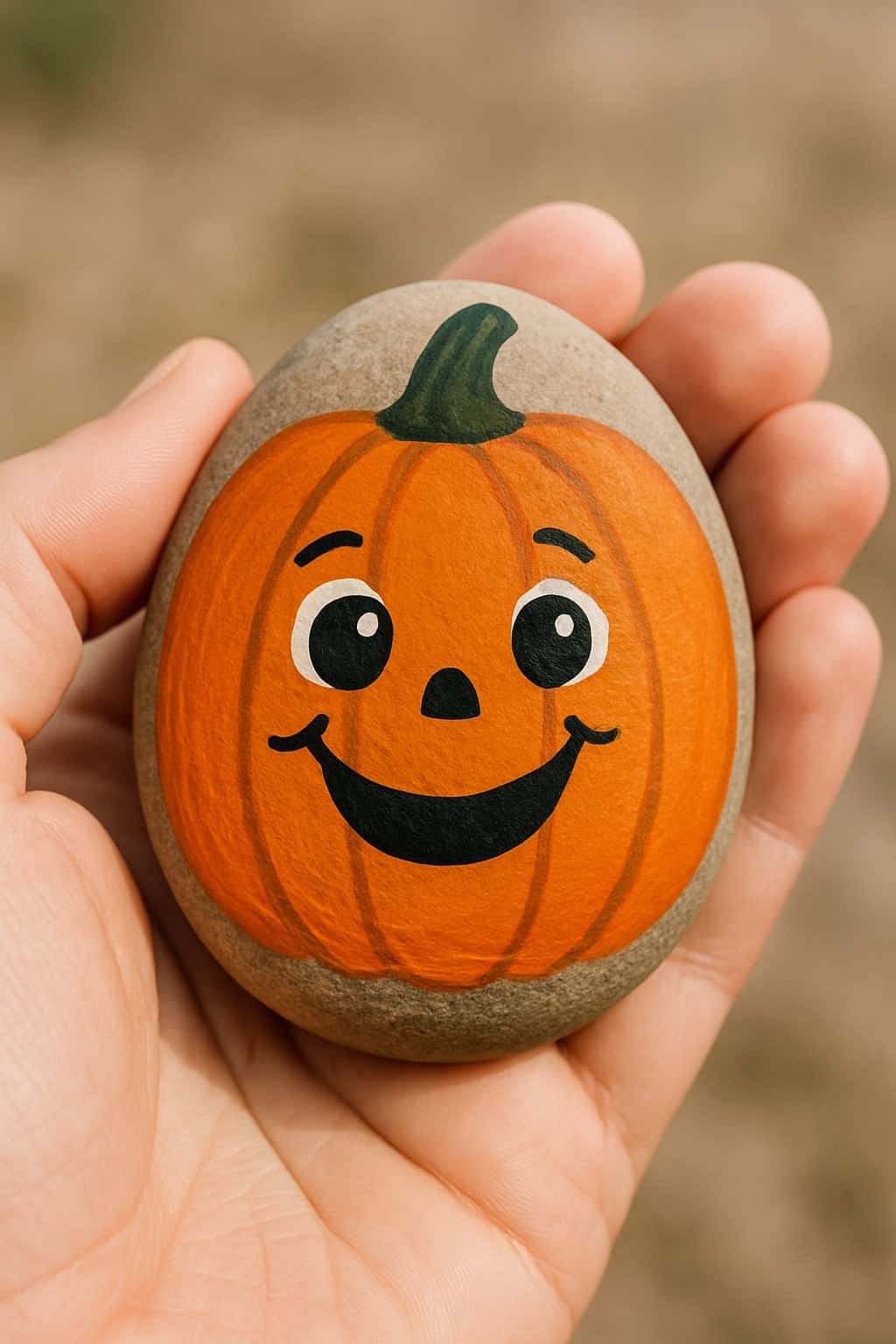 A hand holding a smooth river rock painted with a smiling pumpkin face.