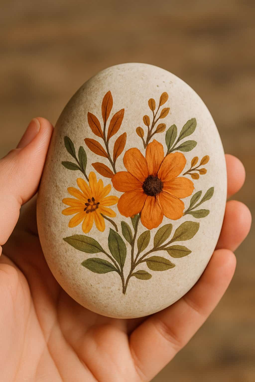 A hand holding a smooth painted river rock decorated with a floral design.