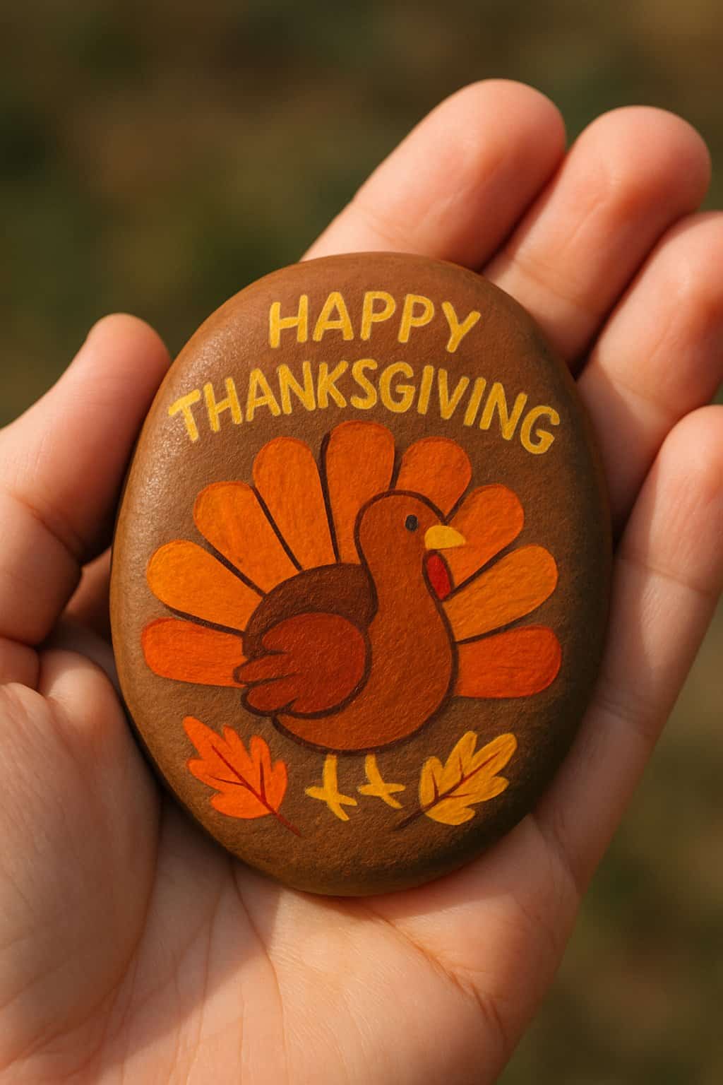 A hand holding a smooth painted river rock with a simple autumn-themed design.