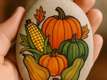 A hand holds a smooth stone painted with colorful autumn vegetables, including pumpkins, gourds, corn, and leaves, symbolizing a harvest or fall season theme.