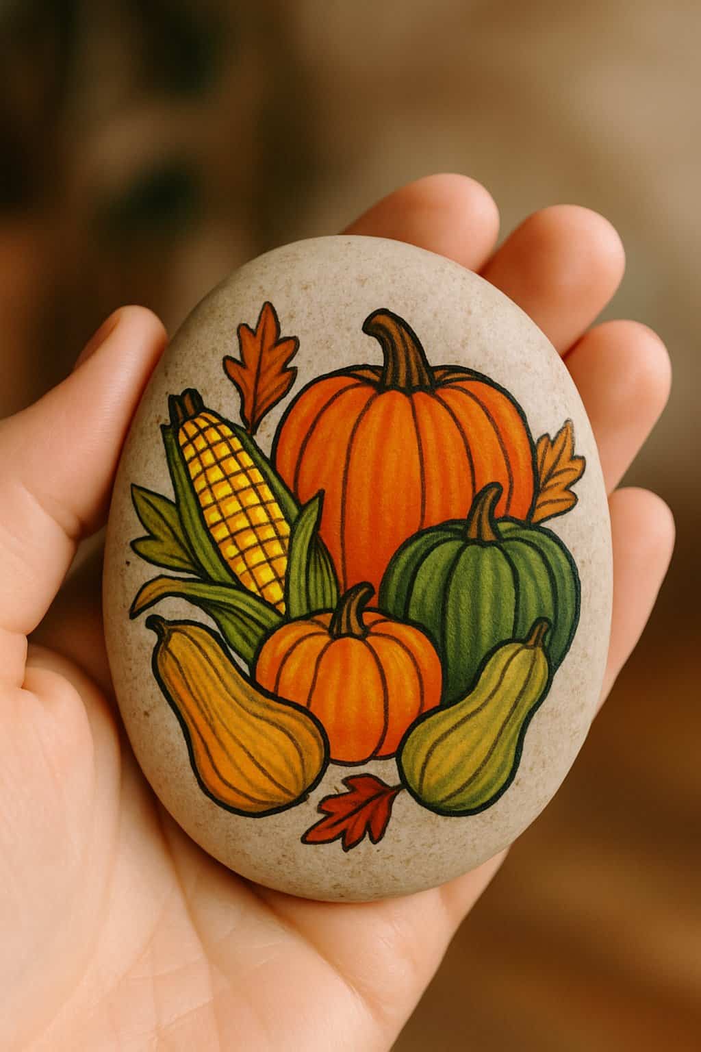 A hand holding a smooth river rock painted with colorful autumn vegetables.