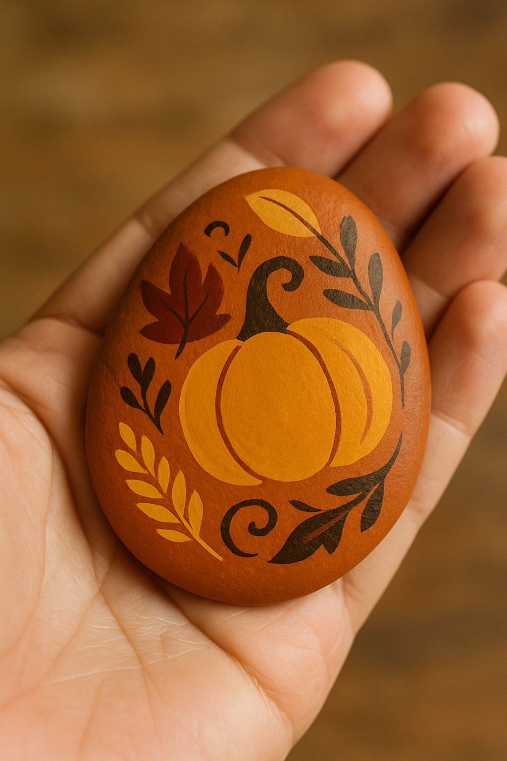 A hand holding a smooth painted river rock with warm autumn colors and simple decorative patterns.