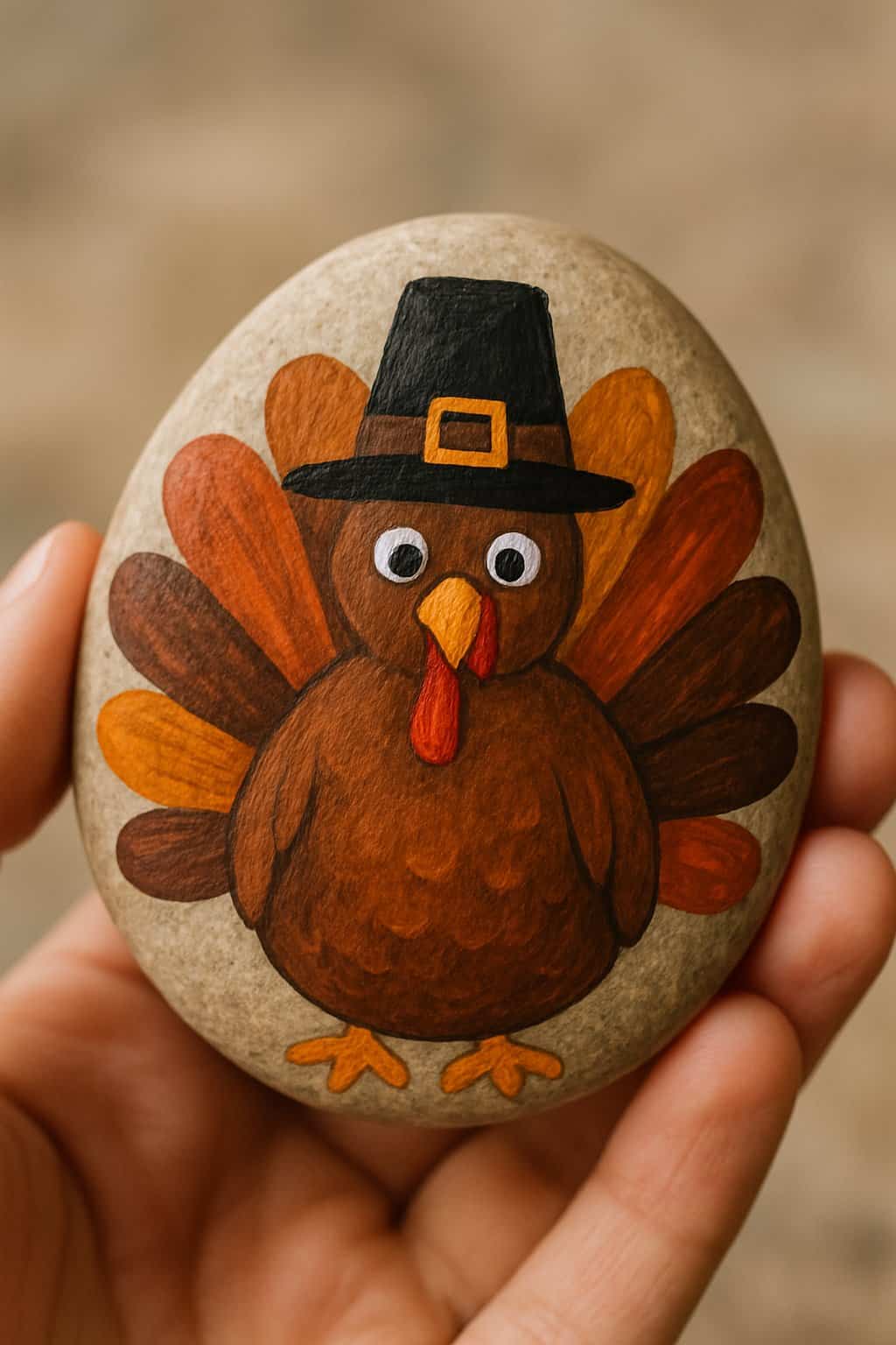 A hand holding a smooth river rock painted with a turkey wearing a pilgrim hat.